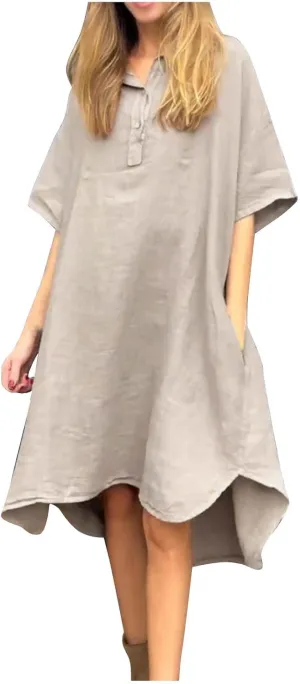 Womens Summer Dresses Linen Casual Short Sleeve V-Neck Button Sundress Fashion Loose Pleated Vacation Clothing