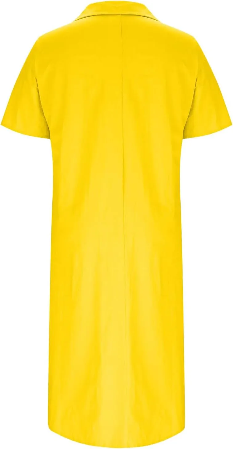 Womens Summer Dresses Linen Casual Short Sleeve V-Neck Button Sundress Fashion Loose Pleated Vacation Clothing