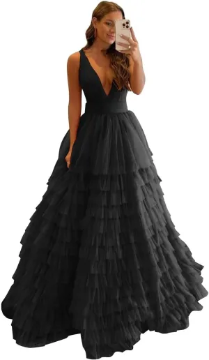 Women's Tiered Tulle Prom Dresses Long Ruffles Ball Gown V Neck A-Line Layered Formal Evening Party Gowns
