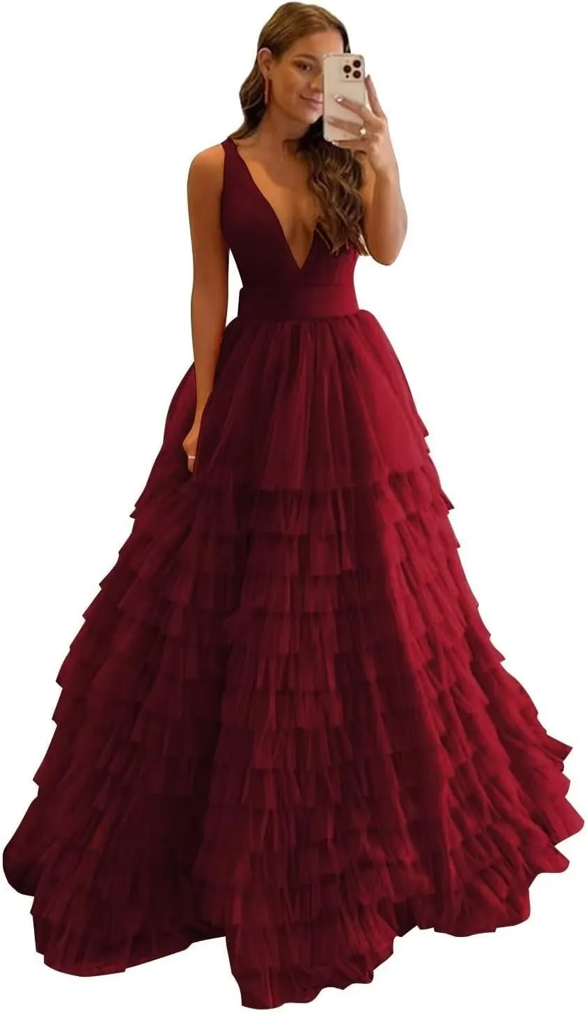 Women's Tiered Tulle Prom Dresses Long Ruffles Ball Gown V Neck A-Line Layered Formal Evening Party Gowns