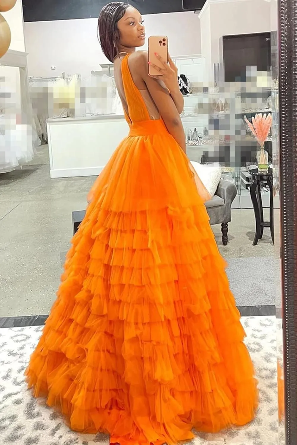 Women's Tiered Tulle Prom Dresses Long Ruffles Ball Gown V Neck A-Line Layered Formal Evening Party Gowns