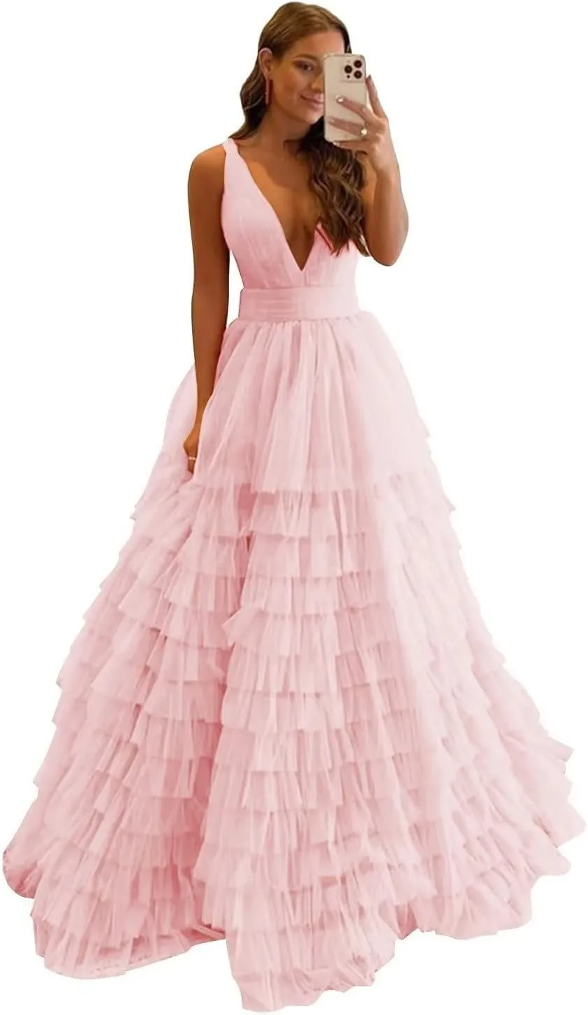 Women's Tiered Tulle Prom Dresses Long Ruffles Ball Gown V Neck A-Line Layered Formal Evening Party Gowns