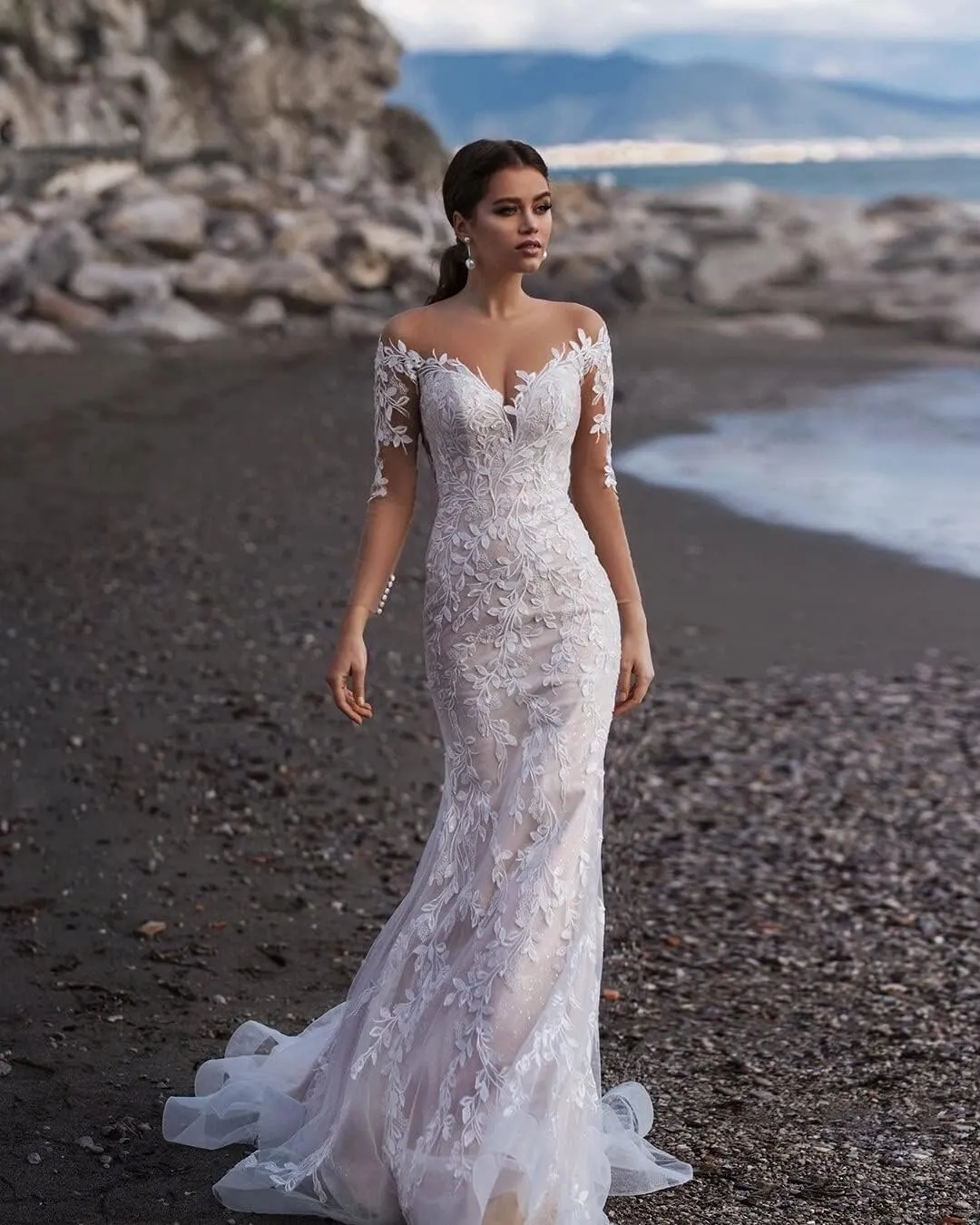 Women's Tulle Lace Beach Wedding Dresses for Bride 2024 Chiffon Boho/Bohemian Bridal Wedding Gown VT060Style4