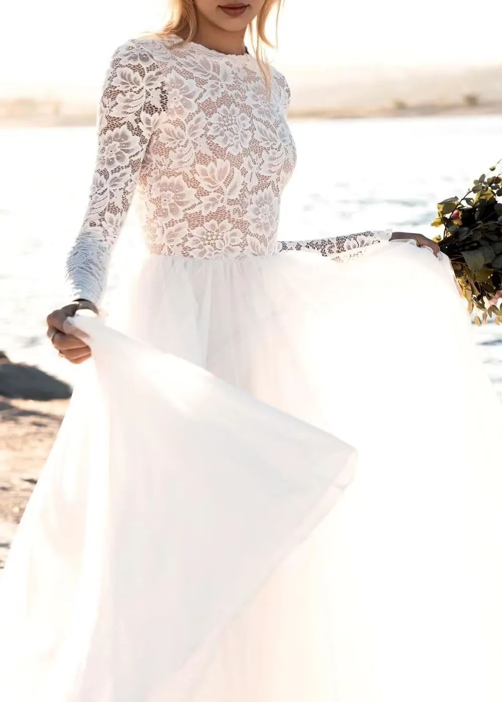 Women's Tulle Lace Beach Wedding Dresses for Bride 2025 Chiffon Boho/Bohemian Bridal Wedding Gown VT060Style13
