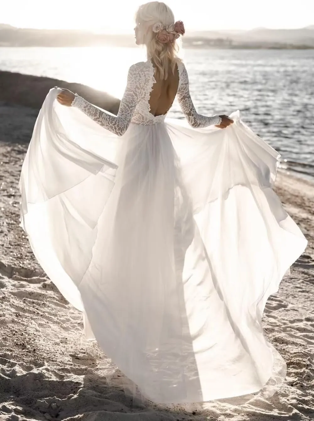 Women's Tulle Lace Beach Wedding Dresses for Bride 2025 Chiffon Boho/Bohemian Bridal Wedding Gown VT060Style13