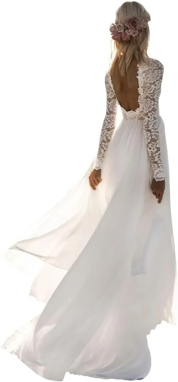 Women's Tulle Lace Beach Wedding Dresses for Bride 2025 Chiffon Boho/Bohemian Bridal Wedding Gown VT060Style13