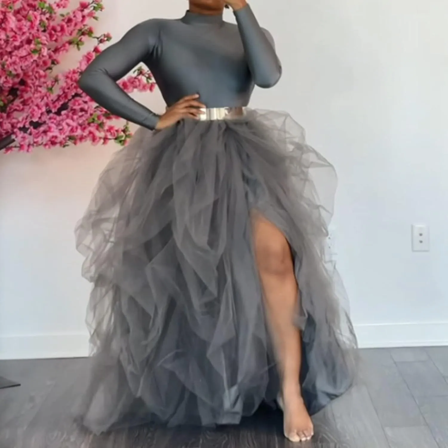 Women's Tulle Maxi Skirt Floor Length Layered High Waist Split Skirt A-Line Puffy Mesh Tutu Skirt for Wedding Party