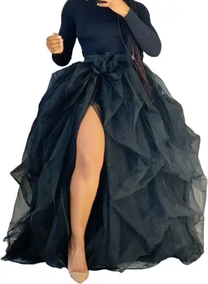 Women's Tulle Maxi Skirt Floor Length Layered High Waist Split Skirt A-Line Puffy Mesh Tutu Skirt for Wedding Party
