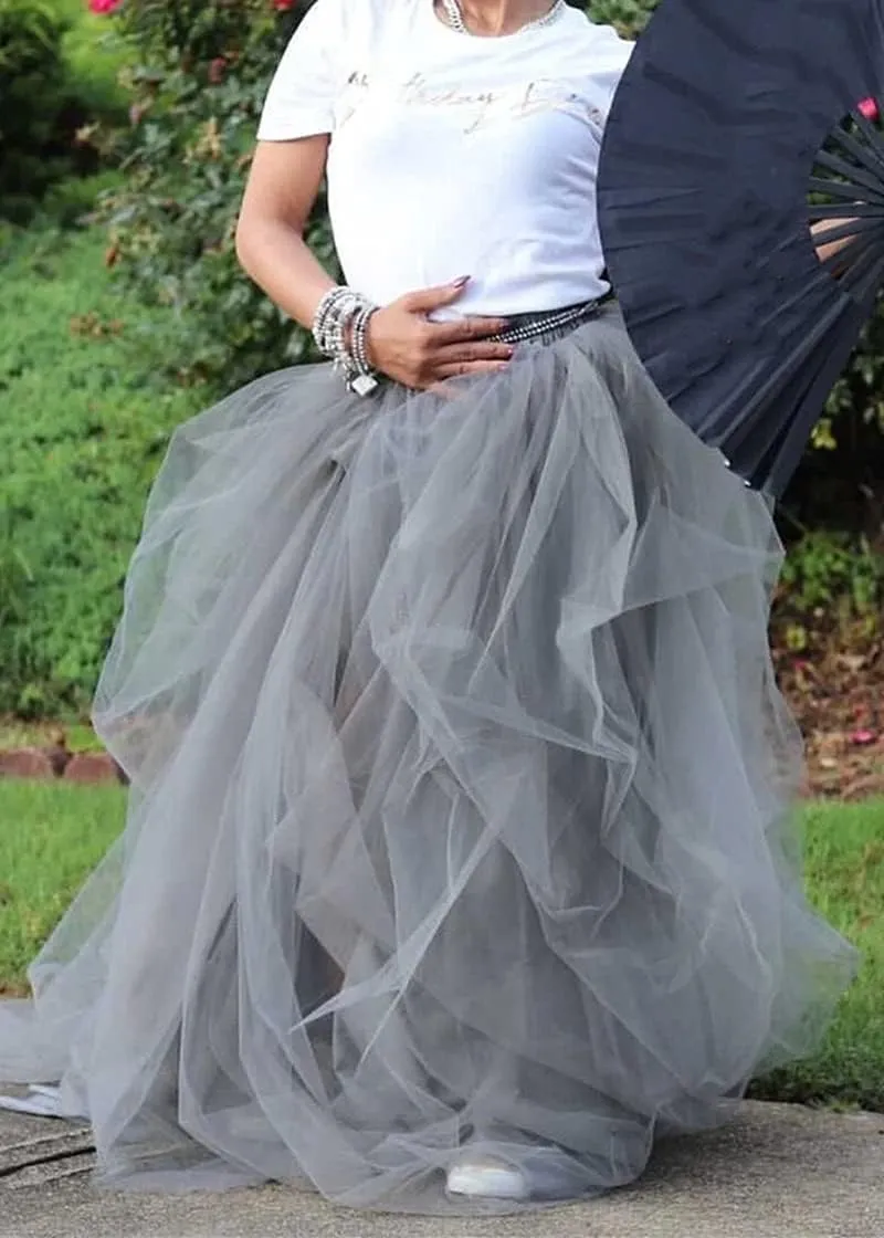 Women's Tulle Maxi Skirt Floor Length Layered High Waist Split Skirt A-Line Puffy Mesh Tutu Skirt for Wedding Party