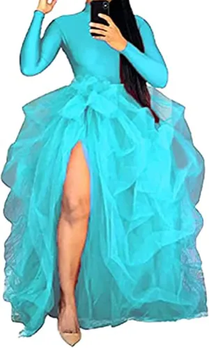 Women's Tulle Maxi Skirt Floor Length Layered High Waist Split Skirt A-Line Puffy Mesh Tutu Skirt for Wedding Party