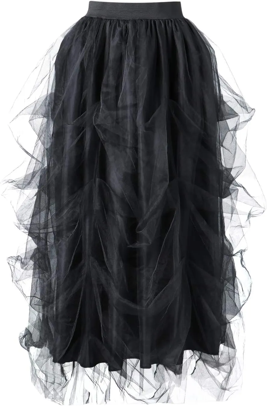 Women's Tulle Maxi Skirt Floor Length Layered High Waist Split Skirt A-Line Puffy Mesh Tutu Skirt for Wedding Party