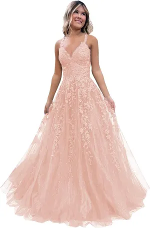 Women's Tulle Prom Dresses Long V Neck Spaghetti Straps Lace Appliques Glitter Formal Evening Party Gowns