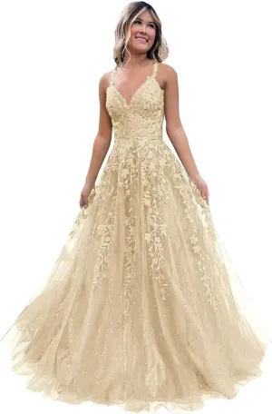 Women's Tulle Prom Dresses Long V Neck Spaghetti Straps Lace Appliques Glitter Formal Evening Party Gowns