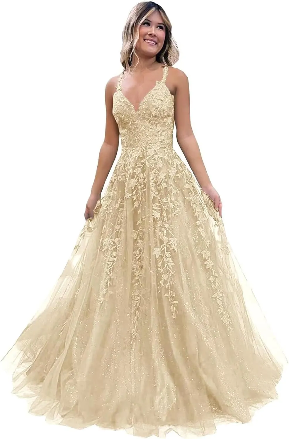 Women's Tulle Prom Dresses Long V Neck Spaghetti Straps Lace Appliques Glitter Formal Evening Party Gowns