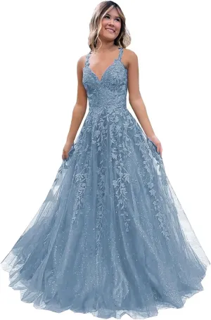 Women's Tulle Prom Dresses Long V Neck Spaghetti Straps Lace Appliques Glitter Formal Evening Party Gowns