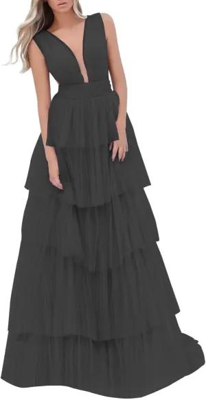 Women's Tulle Prom Dresses V Neck Ruffled Formal Evening Party Gowns Long Backless Ball Gowns A-Line