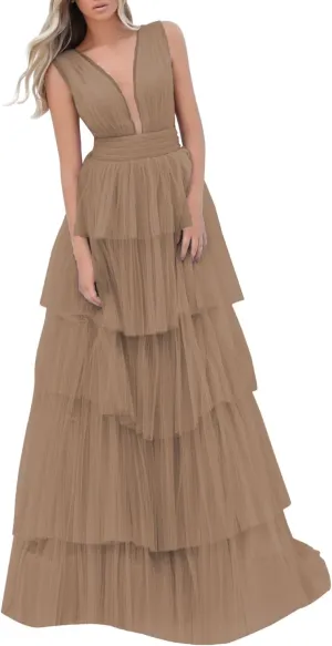 Women's Tulle Prom Dresses V Neck Ruffled Formal Evening Party Gowns Long Backless Ball Gowns A-Line