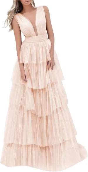 Women's Tulle Prom Dresses V Neck Ruffled Formal Evening Party Gowns Long Backless Ball Gowns A-Line