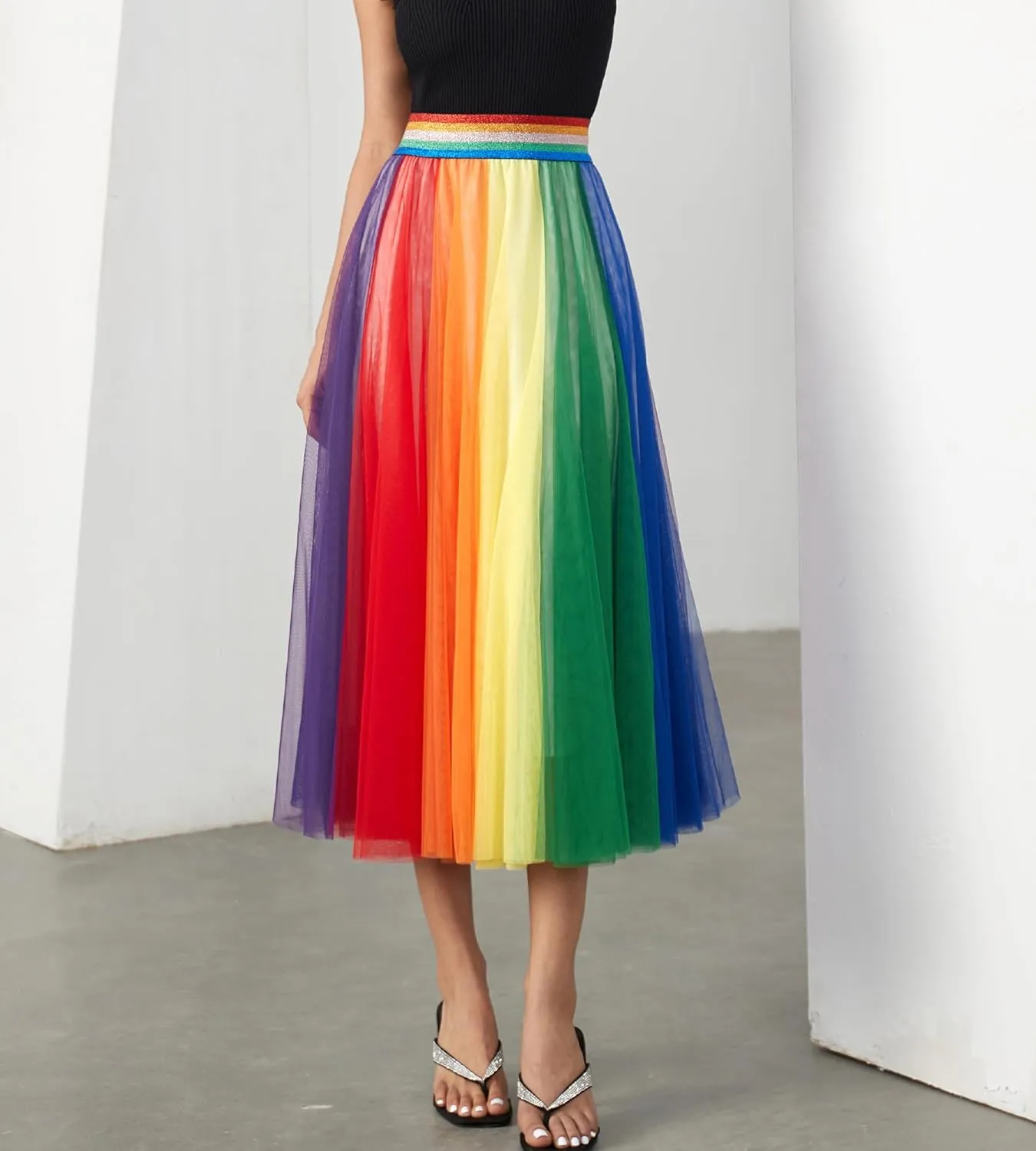 Women’s Tulle Skirts Midi Elastic High Waist Pleated Mesh Flowy A-Line Party Long Tutu Skirts…