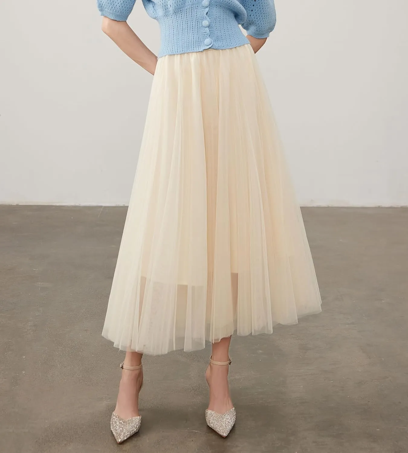 Women’s Tulle Skirts Midi Elastic High Waist Pleated Mesh Flowy A-Line Party Long Tutu Skirts…
