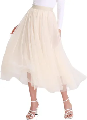 Women’s Tulle Skirts Midi Elastic High Waist Pleated Mesh Flowy A-Line Party Long Tutu Skirts…