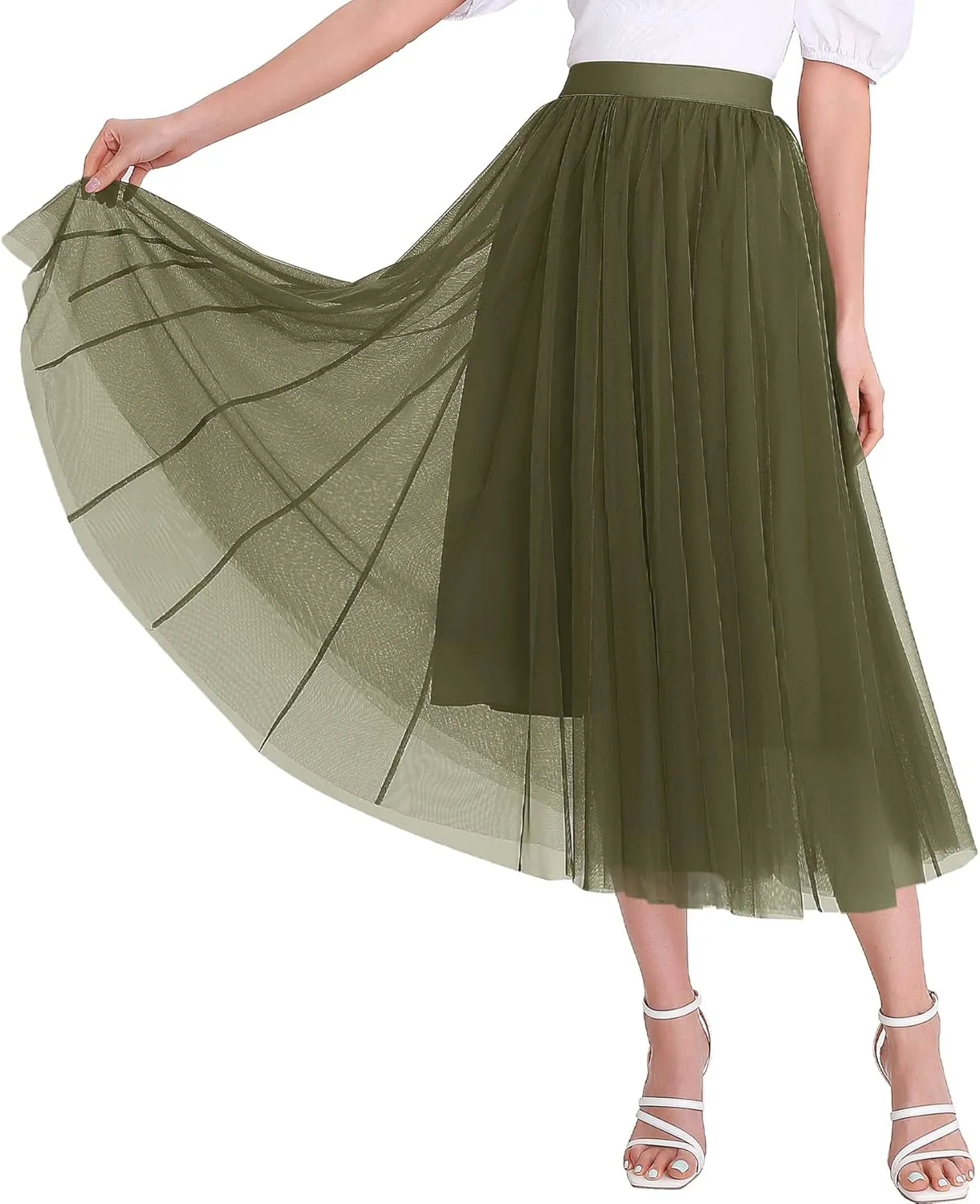 Women’s Tulle Skirts Midi Elastic High Waist Pleated Mesh Flowy A-Line Party Long Tutu Skirts…