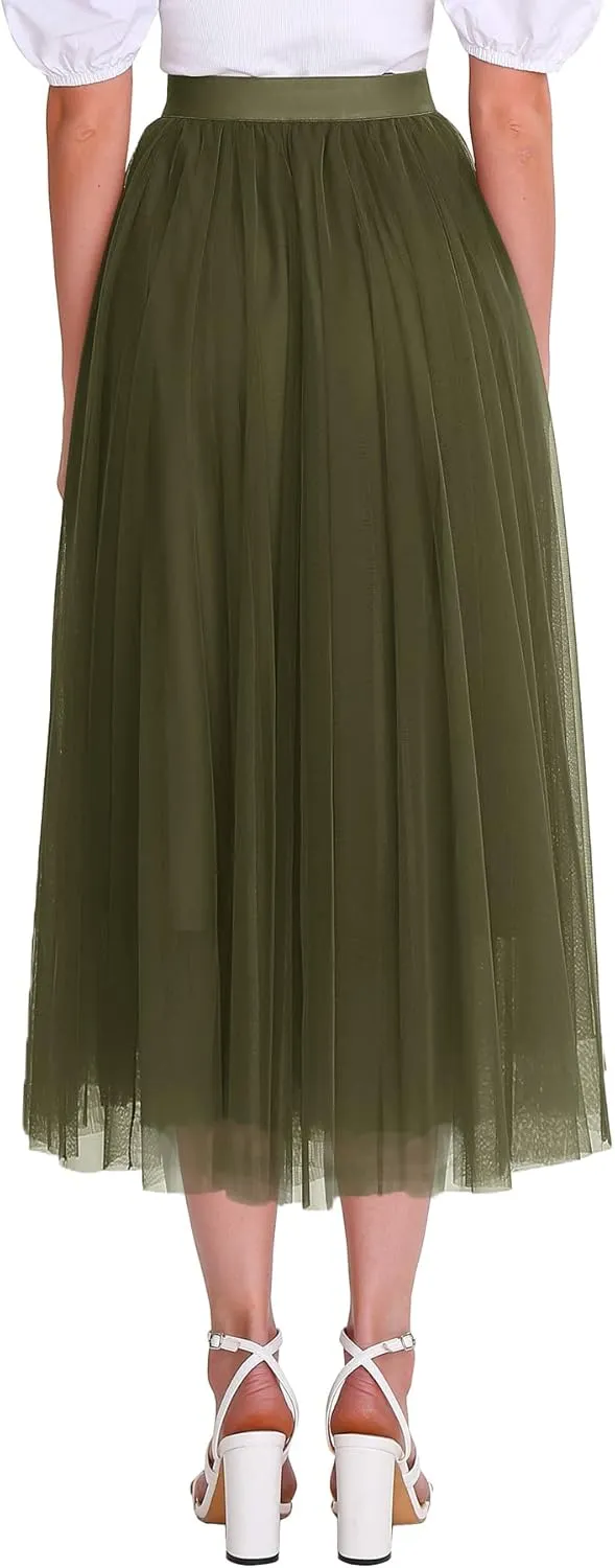Women’s Tulle Skirts Midi Elastic High Waist Pleated Mesh Flowy A-Line Party Long Tutu Skirts…