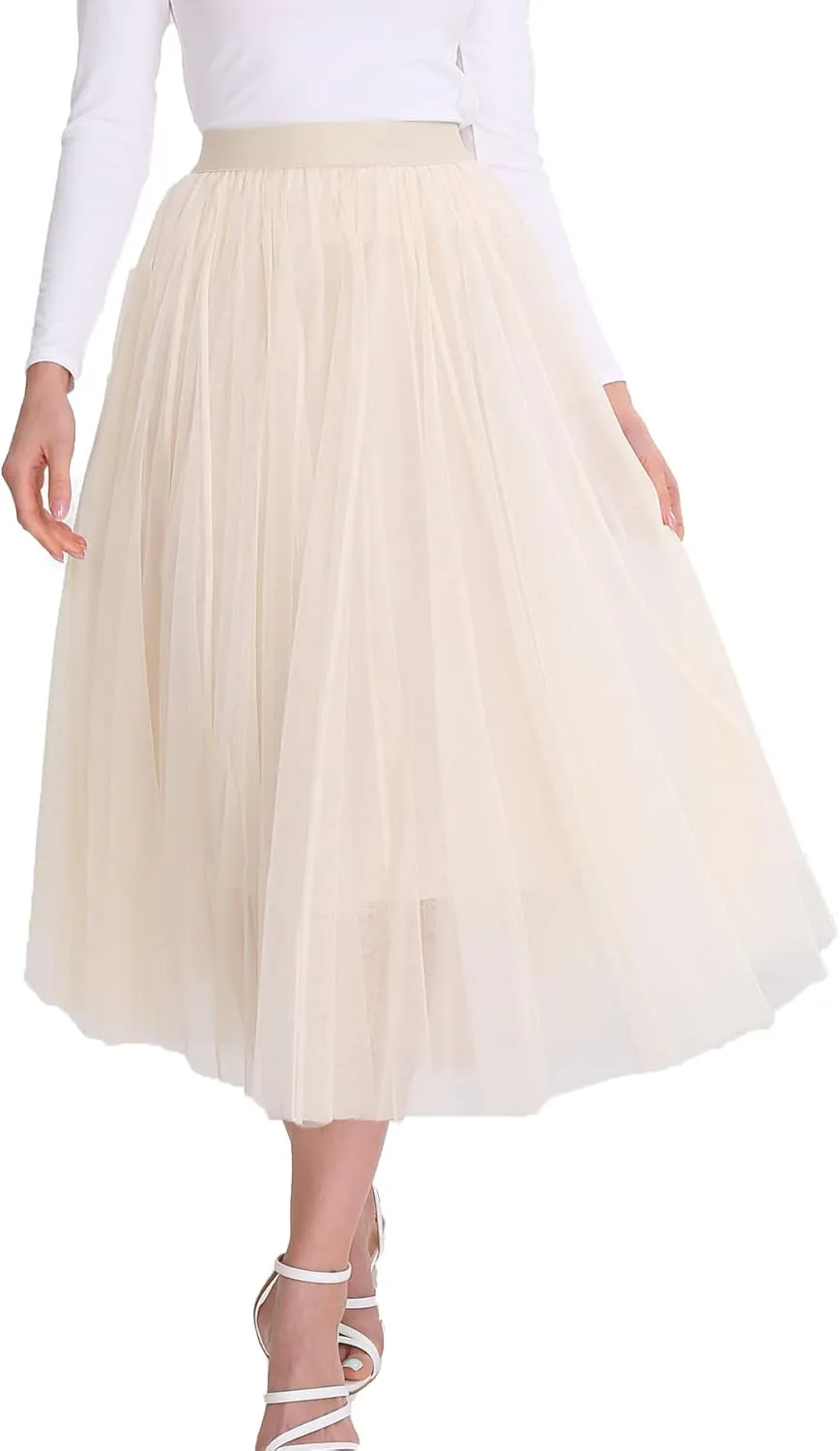 Women’s Tulle Skirts Midi Elastic High Waist Pleated Mesh Flowy A-Line Party Long Tutu Skirts…