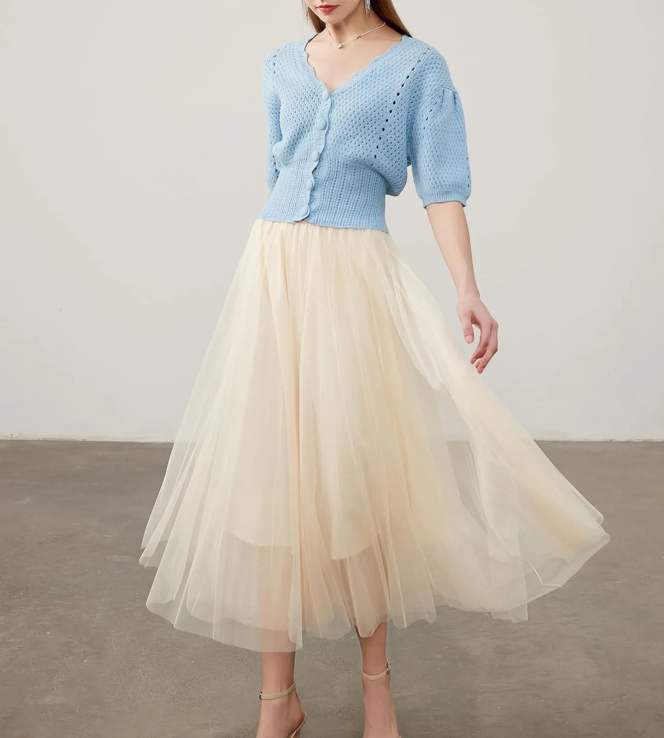 Women’s Tulle Skirts Midi Elastic High Waist Pleated Mesh Flowy A-Line Party Long Tutu Skirts…