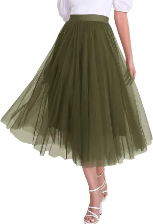 Women’s Tulle Skirts Midi Elastic High Waist Pleated Mesh Flowy A-Line Party Long Tutu Skirts…