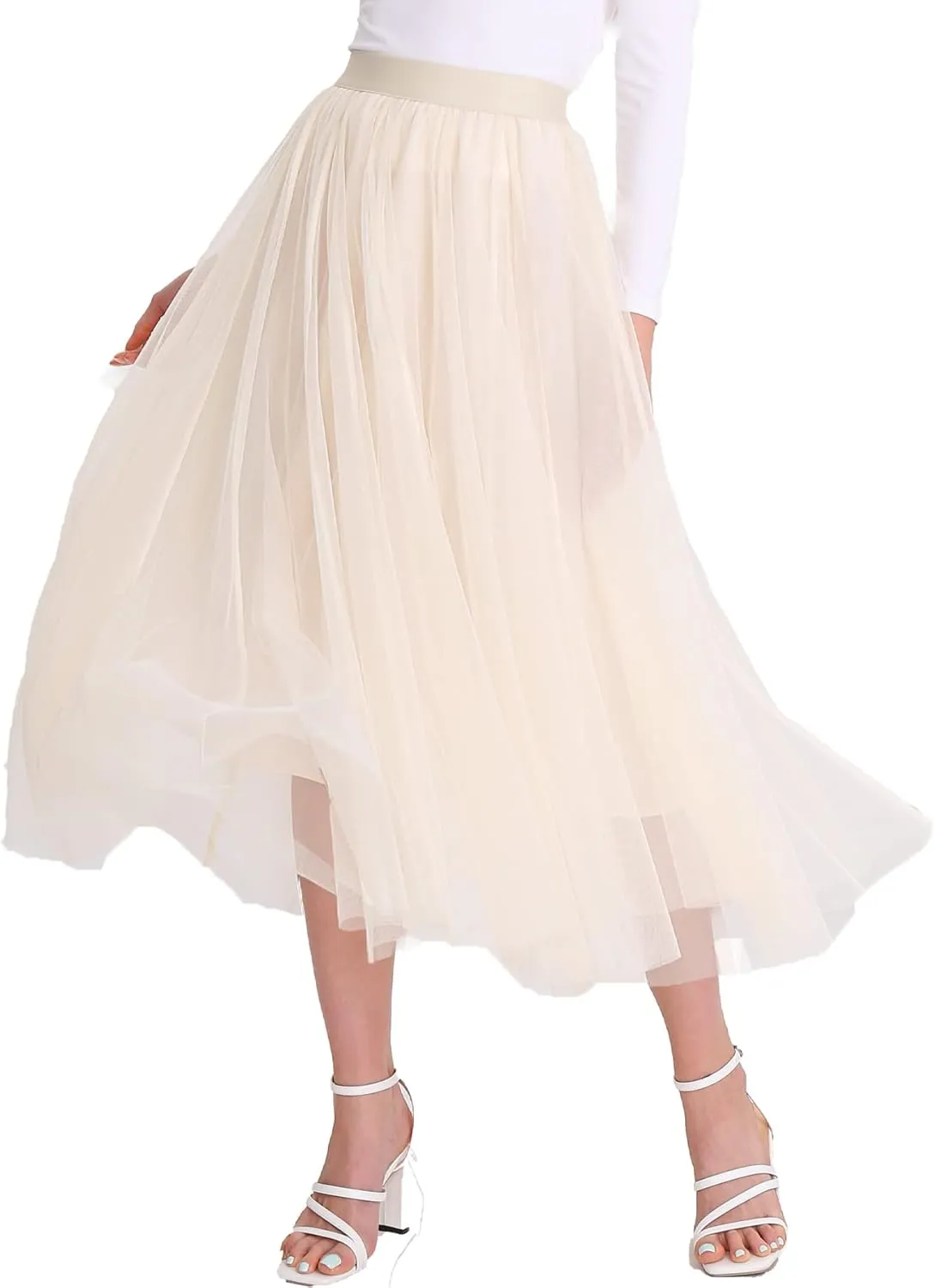 Women’s Tulle Skirts Midi Elastic High Waist Pleated Mesh Flowy A-Line Party Long Tutu Skirts…