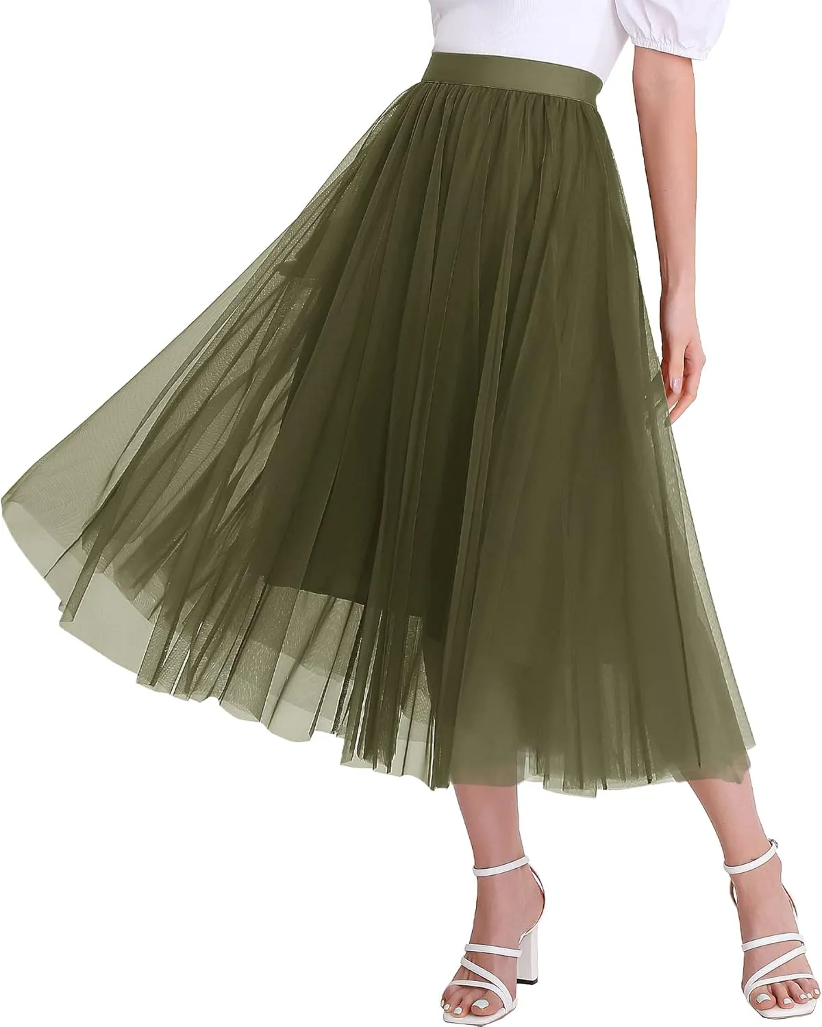 Women’s Tulle Skirts Midi Elastic High Waist Pleated Mesh Flowy A-Line Party Long Tutu Skirts…