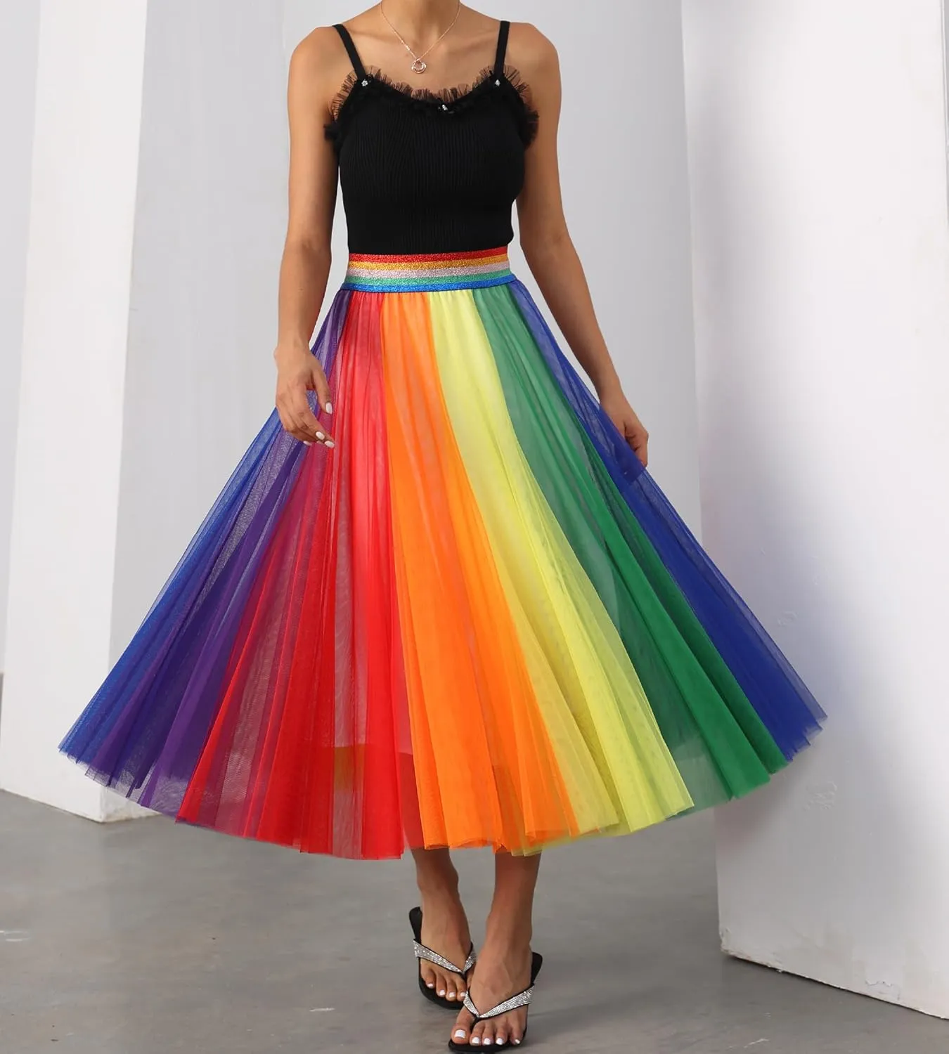 Women’s Tulle Skirts Midi Elastic High Waist Pleated Mesh Flowy A-Line Party Long Tutu Skirts…