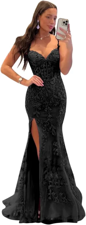 Women's V Neck Lace Appliques Tulle Long Prom Dresses with Slit Spaghetti Straps Corset Formal Evening Dress