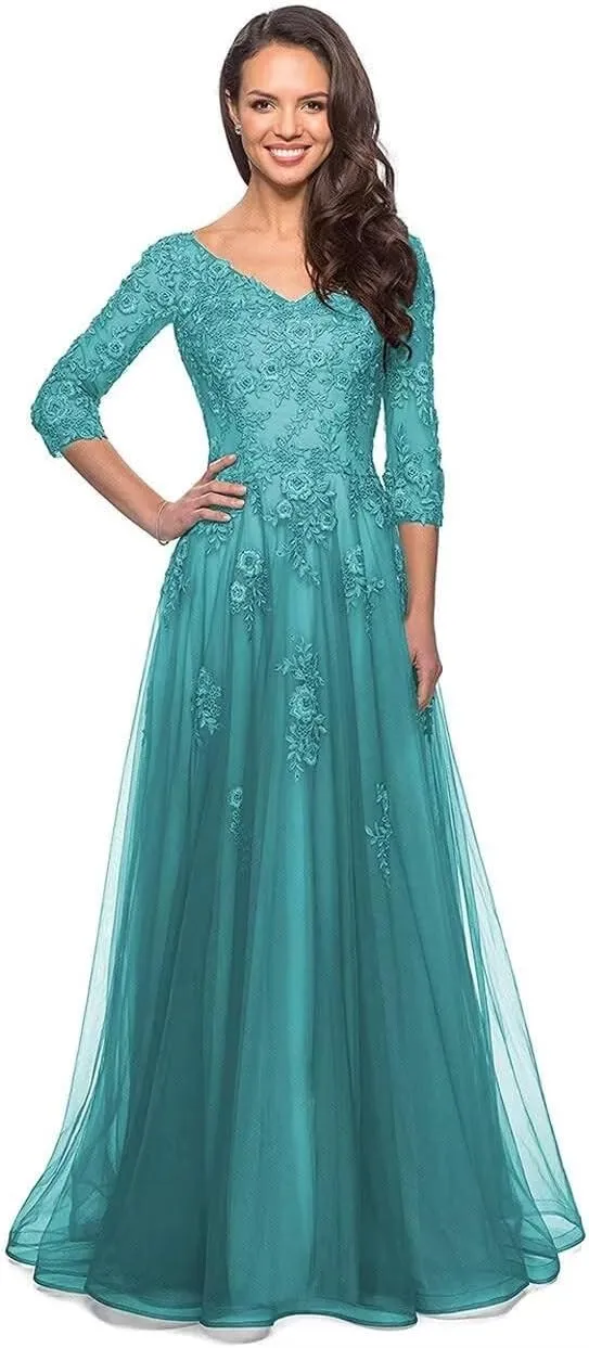 Women's V Neck Mother of Bride Dress 3/4 Sleeve Tulle Long Formal Evening Gowns with Pockets