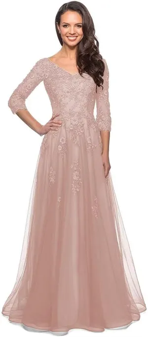 Women's V Neck Mother of Bride Dress 3/4 Sleeve Tulle Long Formal Evening Gowns with Pockets