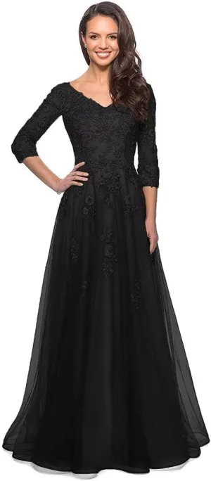 Women's V Neck Mother of Bride Dress 3/4 Sleeve Tulle Long Formal Evening Gowns with Pockets