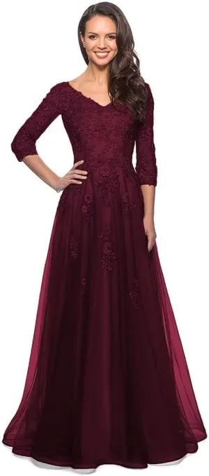 Women's V Neck Mother of Bride Dress 3/4 Sleeve Tulle Long Formal Evening Gowns with Pockets