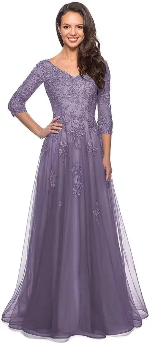 Women's V Neck Mother of Bride Dress 3/4 Sleeve Tulle Long Formal Evening Gowns with Pockets