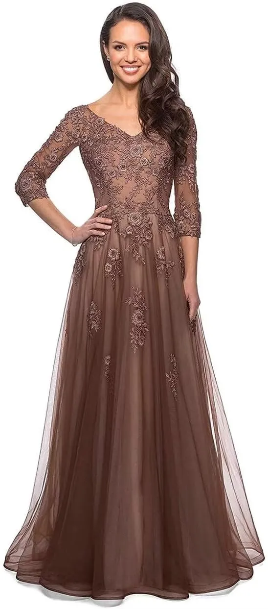 Women's V Neck Mother of Bride Dress 3/4 Sleeve Tulle Long Formal Evening Gowns with Pockets