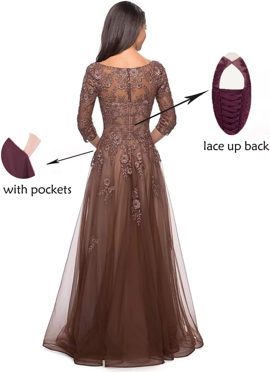 Women's V Neck Mother of Bride Dress 3/4 Sleeve Tulle Long Formal Evening Gowns with Pockets