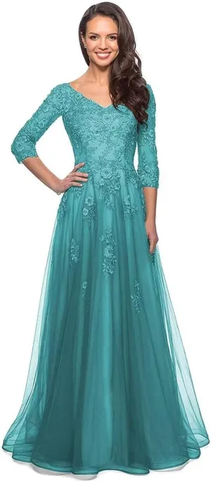 Women's V Neck Mother of Bride Dress 3/4 Sleeve Tulle Long Formal Evening Gowns with Pockets
