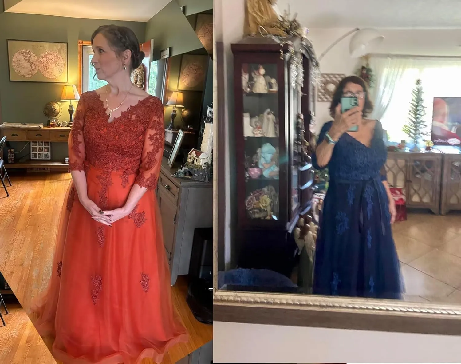 Women's V Neck Mother of Bride Dress 3/4 Sleeve Tulle Long Formal Evening Gowns with Pockets