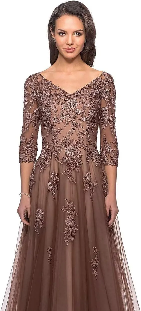 Women's V Neck Mother of Bride Dress 3/4 Sleeve Tulle Long Formal Evening Gowns with Pockets