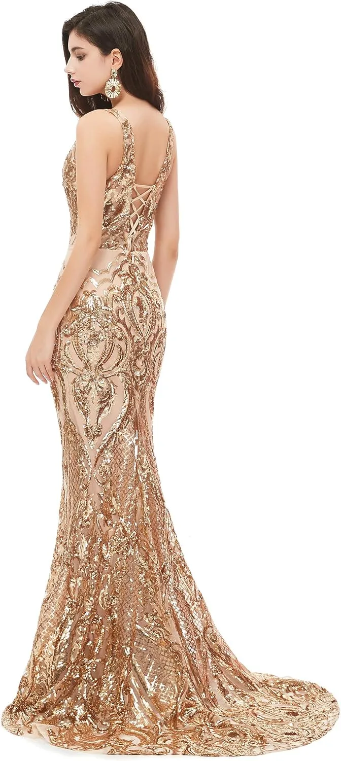 Women's V-Neck Sequins Sleeveless Lace-up Mermaid Evening Dress