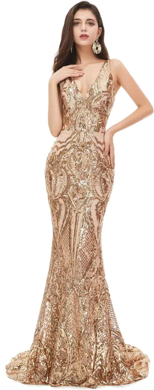 Women's V-Neck Sequins Sleeveless Lace-up Mermaid Evening Dress