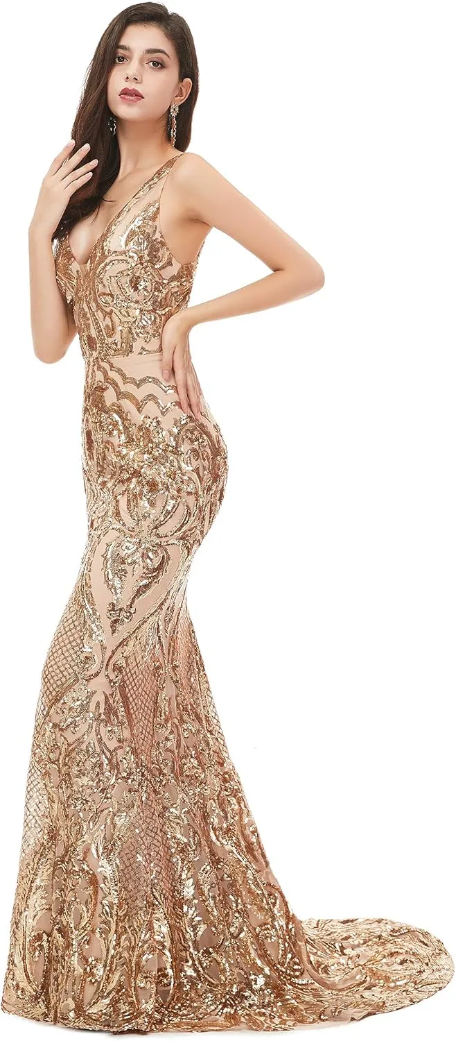 Women's V-Neck Sequins Sleeveless Lace-up Mermaid Evening Dress