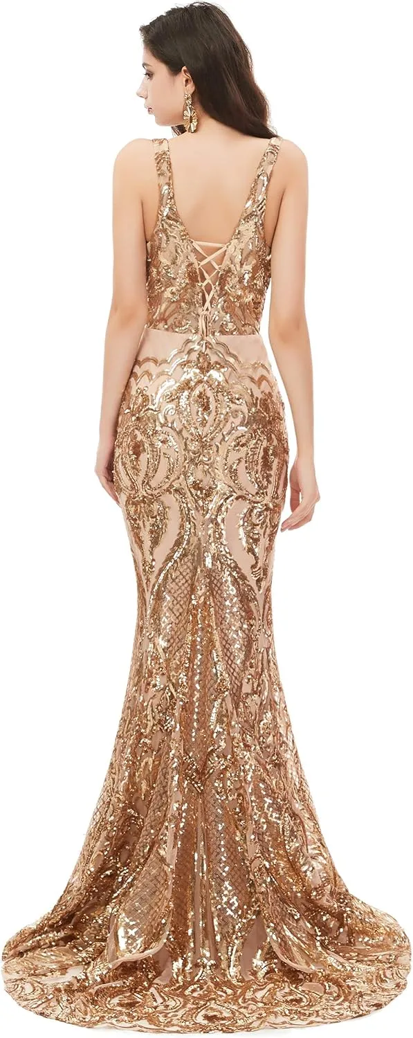 Women's V-Neck Sequins Sleeveless Lace-up Mermaid Evening Dress