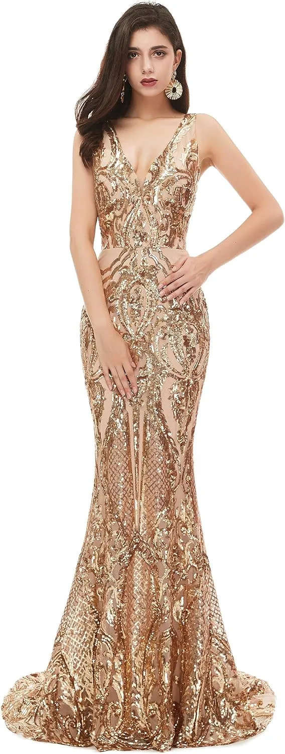 Women's V-Neck Sequins Sleeveless Lace-up Mermaid Evening Dress
