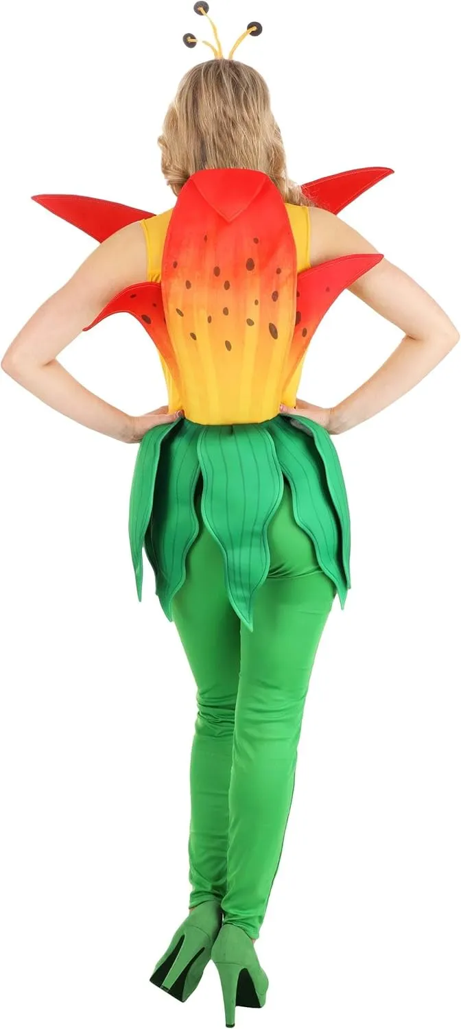 Women's Vibrant Tiger Lily Flower Costume, Green & Red Flower Outfit